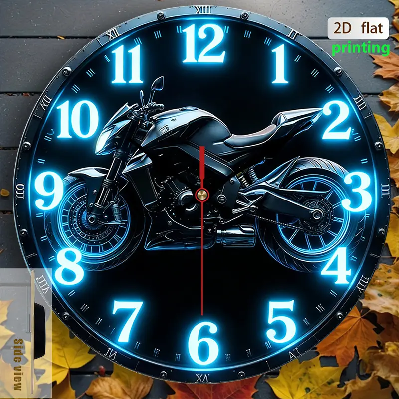2D Flat. A Motorcycle-Themed Wall Clock, Featuring a Cool Bike Design, Suitable for Trendy Spaces Like Living Rooms, Studies, And Studios, Glow in the Dark