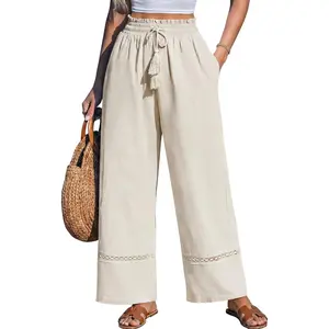 Sarin Mathews Womens Wide Leg Linen Pants High Waisted Drawstring Palazzo Casual Summer Beach Pants with Pockets