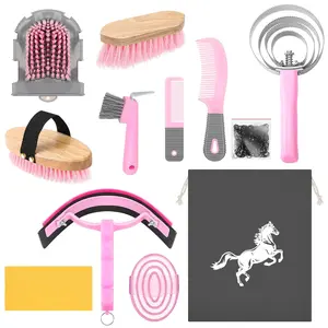 12 count Horse  Kit Racing Festival Tack Room Supplies Horse Brush Sets Equine Care Cleaning Kit Shedding  Massaging Tools(Pink and Grey)