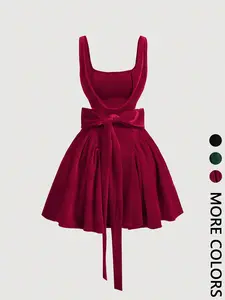Valentine's Day Women's Casual Solid Color A Line D ress for Christmas Wedding, Sleeveless Square Neck Backless Butterfly Mini Bubble Dress Ladies' Clothing All Season