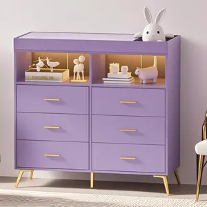 GARVEE 6-Drawer Modern Dresser Chest - Baby Nursery Changing Table Furniture Dresser with LED Lights, Charging Station, Diaper Station, Cupboard for Bedroom