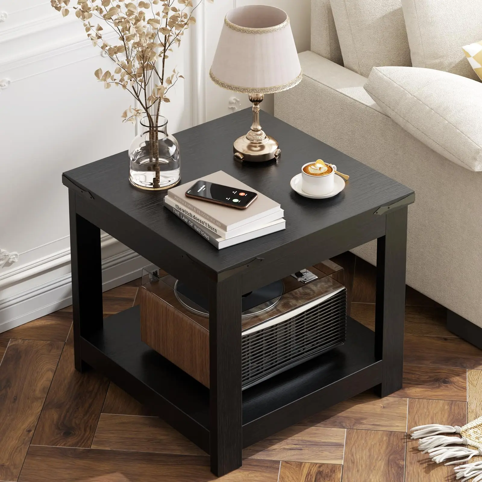 2-Piece Black End Table Set: 20x20 Inch Square Side Tables