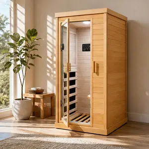 ARCH Infrared Sauna Room Single Person Hemlock Solid Wood Indoor Home Spa with Bluetooth Music Player, Ambient Colorful Lights, 6 Epoxy Resin Heating Plates, 1200W, AC120V, Natural Wood Finish, 700x895x1565mm, Natural Color Options