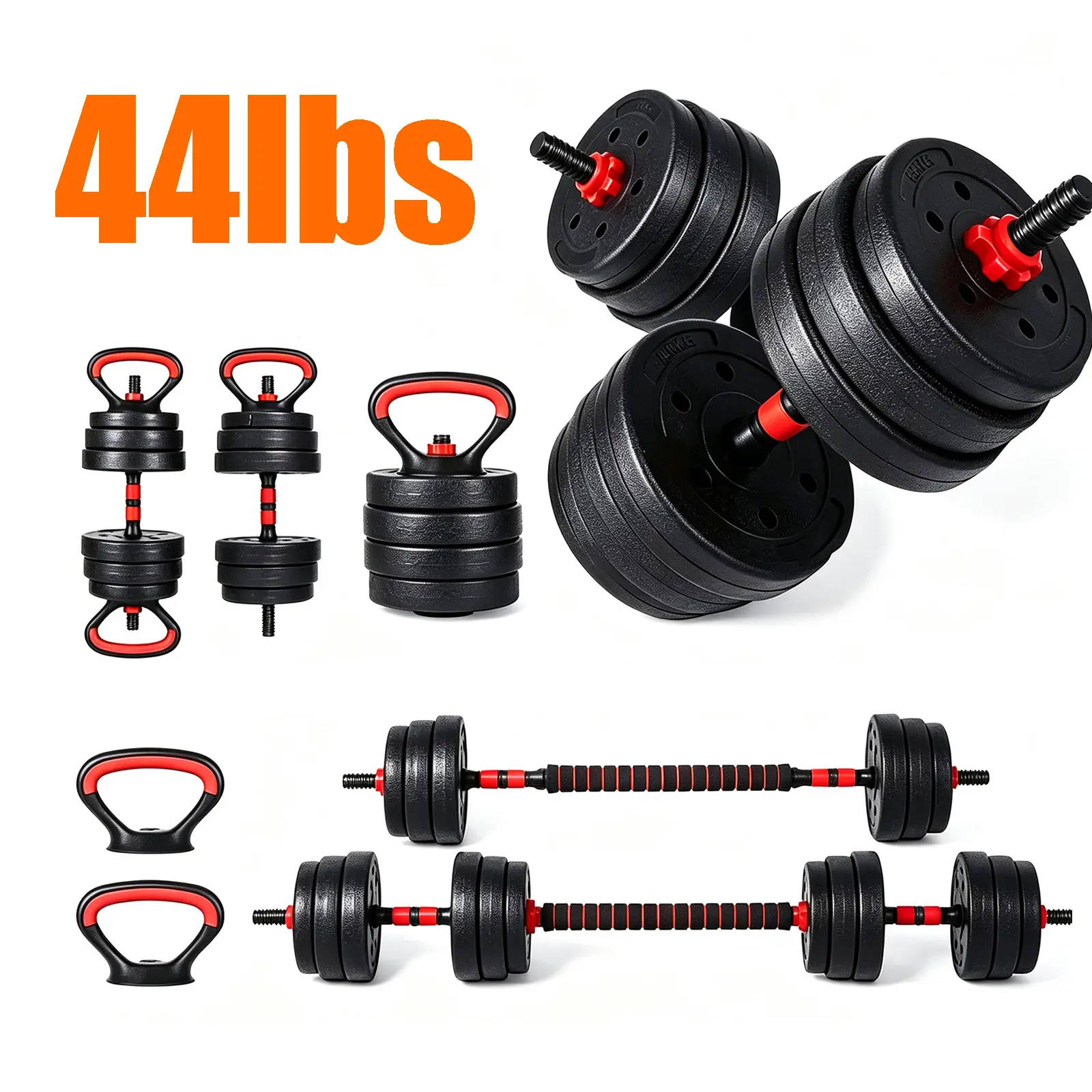Unisex 44LBS 4-in-1 Adjustable Weights Dumbbell Set, Convertible to Barbell & Kettlebell, Non-Slip Thick Steel Handle Free Weights, Odorless Cement-Fill Plates, Secure Locks Home Gym Exercise Equipment for Small Space Strength Training
