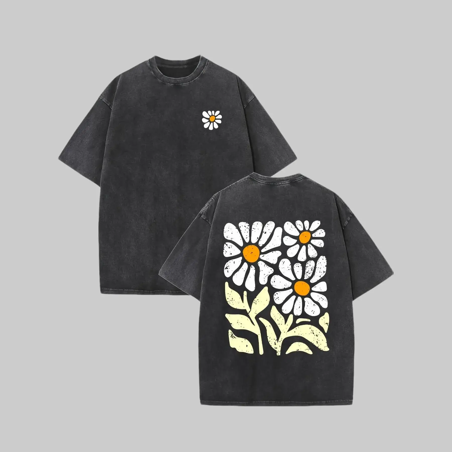 Men'S Vintage Wash Pattern Printed T-shirt Floral Print Design Round Neck Short Sleeve 230g Washed Cotton Summer Comfort Casual Tshirt Regular Version Machine Washable Men Clothing Menswear Distressed Y2K Streetwear Graphic Tee Black