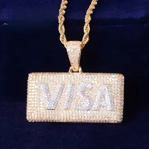 Mens luxury sparkling full iced out cubic zirconia cz micro pave letter VISA square pendant hiphop jewelry necklaces