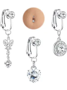 Fake Belly Ring Clip on Belly Button Rings Fake Belly Surgical Steel Fake Belly Button Ring for Women CZ Butterfly Heart Belly Piercing Fake Navel Ring Non Piercing Jewelry 3/6 Pcs