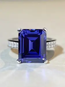 Women's Pure Silver Ring, European & American Style Tanzanite Diamond Ring, Classic Four Claw Color Gemstone Ring