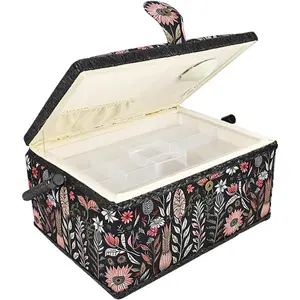 Vintage Black Print Wooden Sewing Basket Organizer, Empty Box With Removable Tray and-In Pin Cushion for Supplies, Suitable for Beginners and Experts