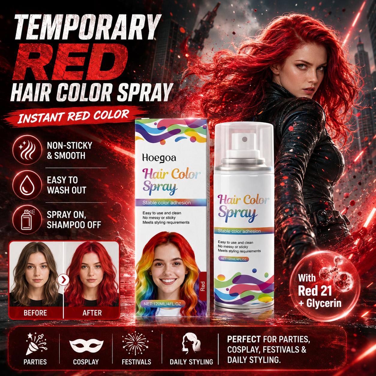 Two-piece display showcases the unique self. 120 ml. Passionate and sexy red and individualistic silver-gray temporary hair dye spray. Long-lasting, smooth, easy to wash, non-sticky, and evenly covering hairstyle spray.