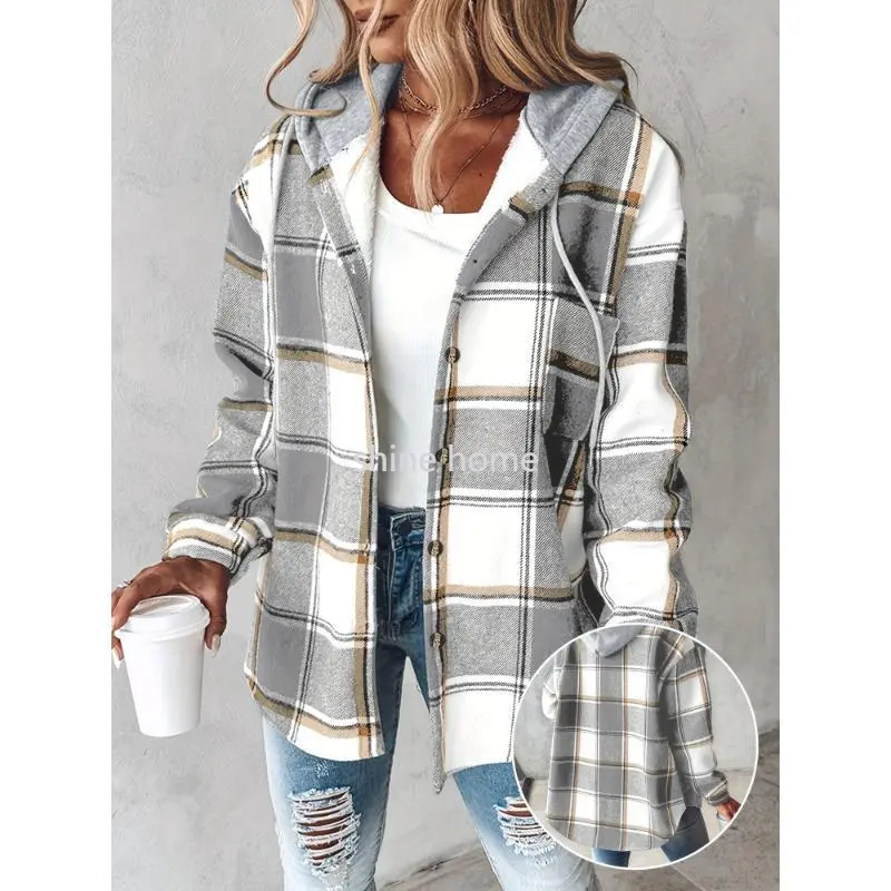 Warm Plaid Long Sleeve Shacket - Button Fleece Lined Hooded Jackets Coat Fabric Womenswear