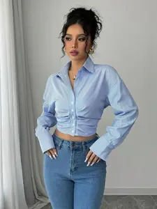 Women's Casual Blue Striped Shirt with Ruched Long Sleeves & Collar Neckline - Regular Fit, Cropped Length, Polyester Material, Machine Washable Fabric Top Womenswear Blouse