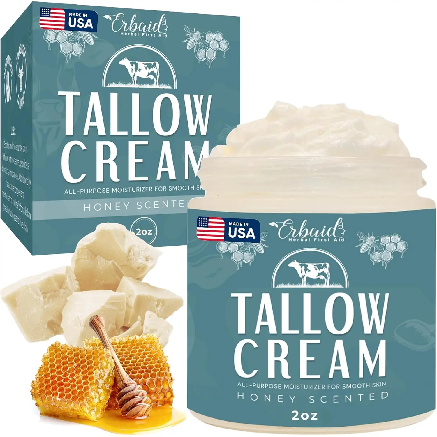 Erbaid Beef Tallow Cream - 50G All Natural Grass Fed Honey Scented Balm for Eczema Cracked Dry Itchy Irritated Skin - Moisturizing Face & Body Lotion - Made in USA