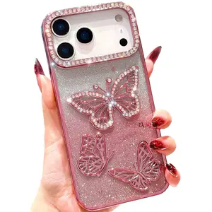 OREKROY Cute 3D Butterfly Pattern Plating Glitter Bling Case for iPhone 17 Pro Max 17 Air 17 Pro 16 15 14 13 12,Camera Protection Sparkly Slim Soft Back Cover for Women Girls
