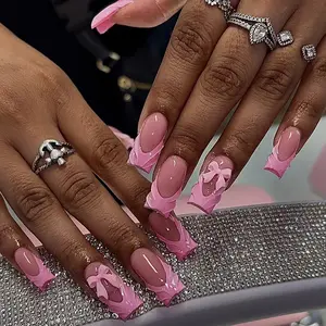 24pcs European Style Press-On Medium Square French Manicure, Sweet Heart Pattern & Butterfly Design, Party Dance Daily Use, Butterfly Nails