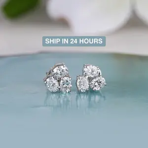 Three Stone Oval Cut Cluster Stud Earrings