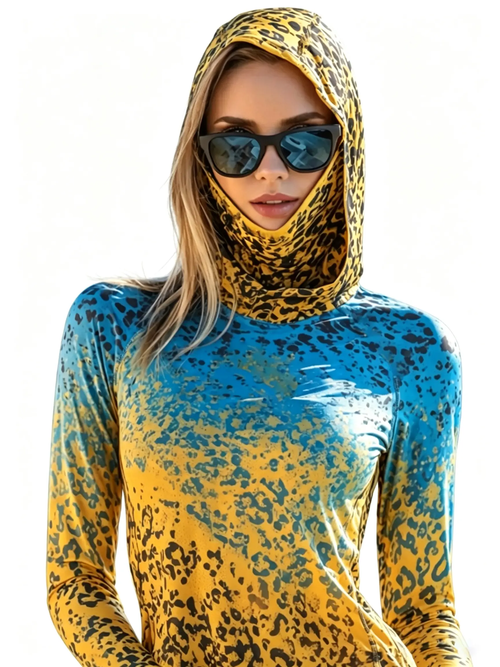 【 New 】 Women's Fishing Hoodie with Built in Face Mask, Leopard Gradient Printed Long Sleeve Sunscreen and Scratch Resistant Clothing, Quick drying Outdoor Hiking Surfing Sunscreen Shirt