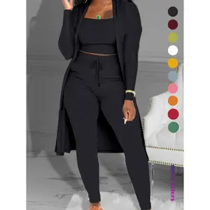 Women'S Plain Long Sleeve Open Front Cardigan & Tie Front Leggings & Sleeveless Cropped Top Set, Casual Elegant Fashion Cozy Breathable Women'S Outfits For Fall, Ladies Fall Co-Ord Sets