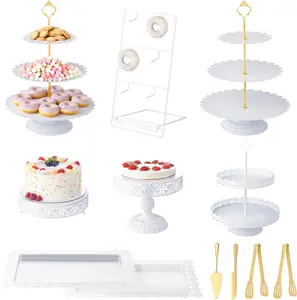 ROVSUN 7/8/12PCS Dessert Table Display Set, Metal Cake Stand Set with Donut Stand, Tiered Cupcake Holder Fruit Candy Plate with Cutting Knife Serving Tongs for Wedding, Birthday Party Baby Shower, White