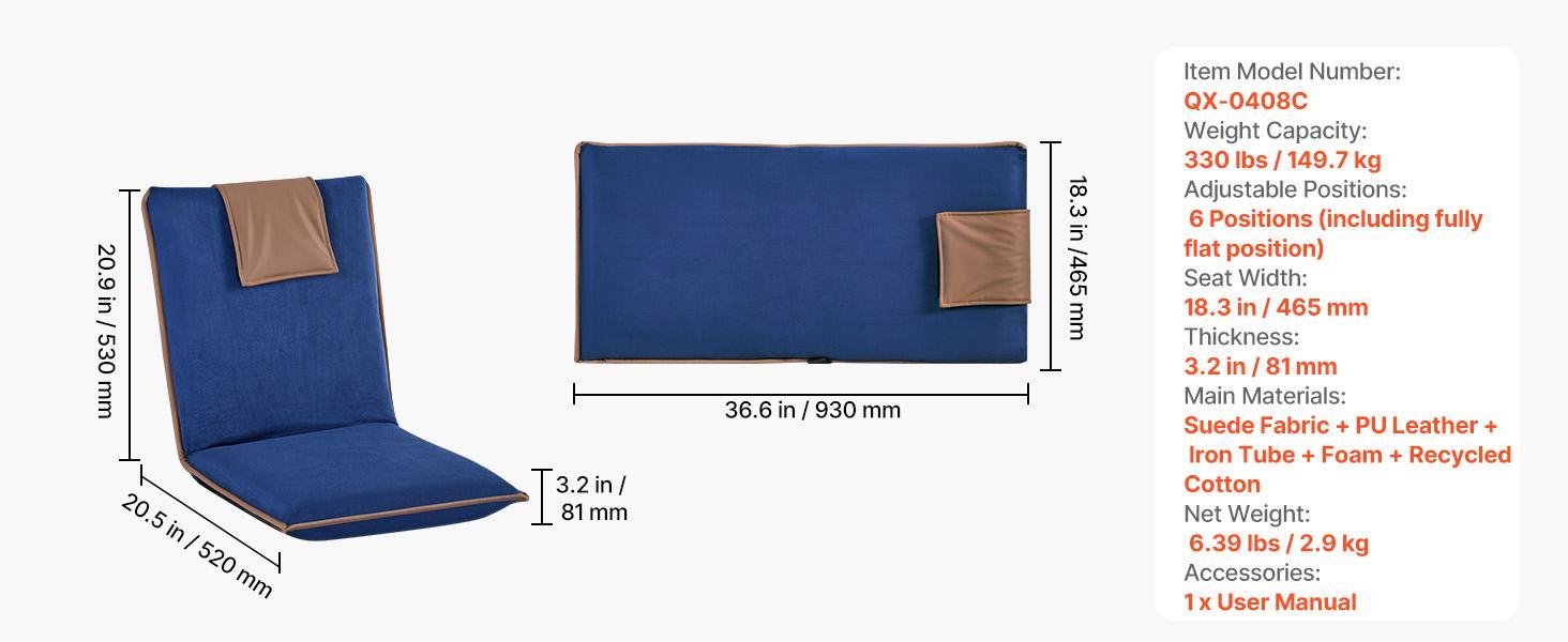 VEVOR Floor Chair, 6 Adjustable Positions Folding Floor Gaming Chair with Back Support, Easy to Carry, Sturdy Metal Frame with Recycled Foam and Suede Fabric Surface, for Reading, Relaxing, Dark Blue