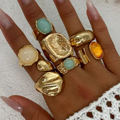 Vintage Fashion Geometric Gemstone Ring Set, Stacks Rings, Bold Metal Statement Ring for Women, Perfect for Daily Wear and Party Jewelry Gifts