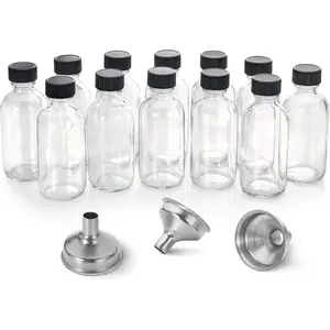 12-piece set, 2-ounce small transparent glass bottles with lids and 3 funnels - 60ml Boston round bottles, used for health, immunity, pharmaceuticals, wellness, samples, ginger, juice