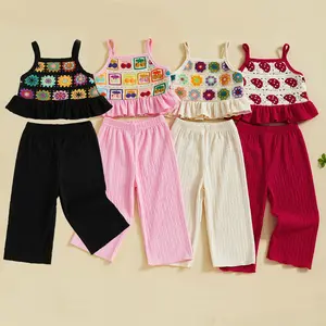 PYBCVRRD Toddler Baby Girls 2pcs Outfits Crocheted Flowers/Fruit Ruffled Camisole Tops and Pants Set Baby Kids Gir Summer Clothes 6M-4Y