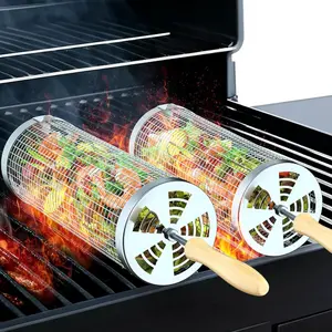 Rolling Grill Basket 2PCS, Stainless Steel BBQ Grill Basket with Removable Wooden Handle, Grilling Basket for Vegetables Meat Seafood, BBQ Accessories for Outdoor Camping Grill Tools
