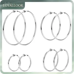 LOYALLOOK 4 Pairs Stainless Steel Clip On Hoop Earrings for Women Fake Hoop Earrings Spring Hoop Earrings For Non-Pierced Ears