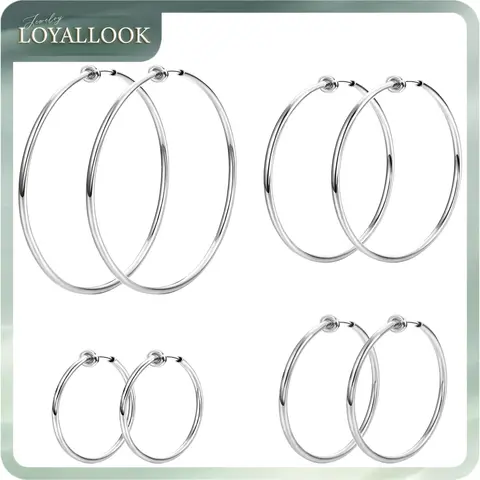 LOYALLOOK 4 Pairs Stainless Steel Clip On Hoop Earrings for Women Fake Hoop Earrings Spring Hoop Earrings For Non-Pierced Ears