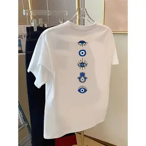 Women's Cotton Short-Sleeve Graphic Tee, Evil Eye Print, Crewneck, Soft Breathable Streetwear Top for Daily Wear, Travel