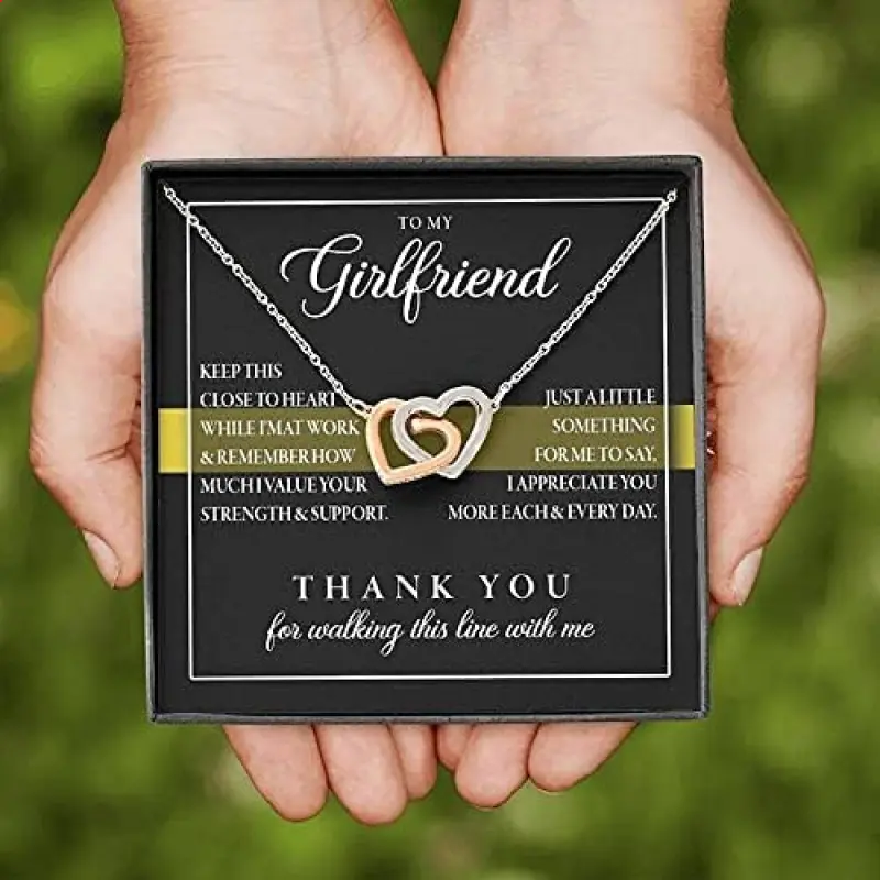 Interlocking Hearts Necklace, To My Girlfriend Message Card, Girlfriend from Boyfriend, Birthday, Girlfriend Valentine, Christmas, Birthday, Christmas Thank you for walking this line with me. Necklace Jewelry With Meaningful Messages Card & Box