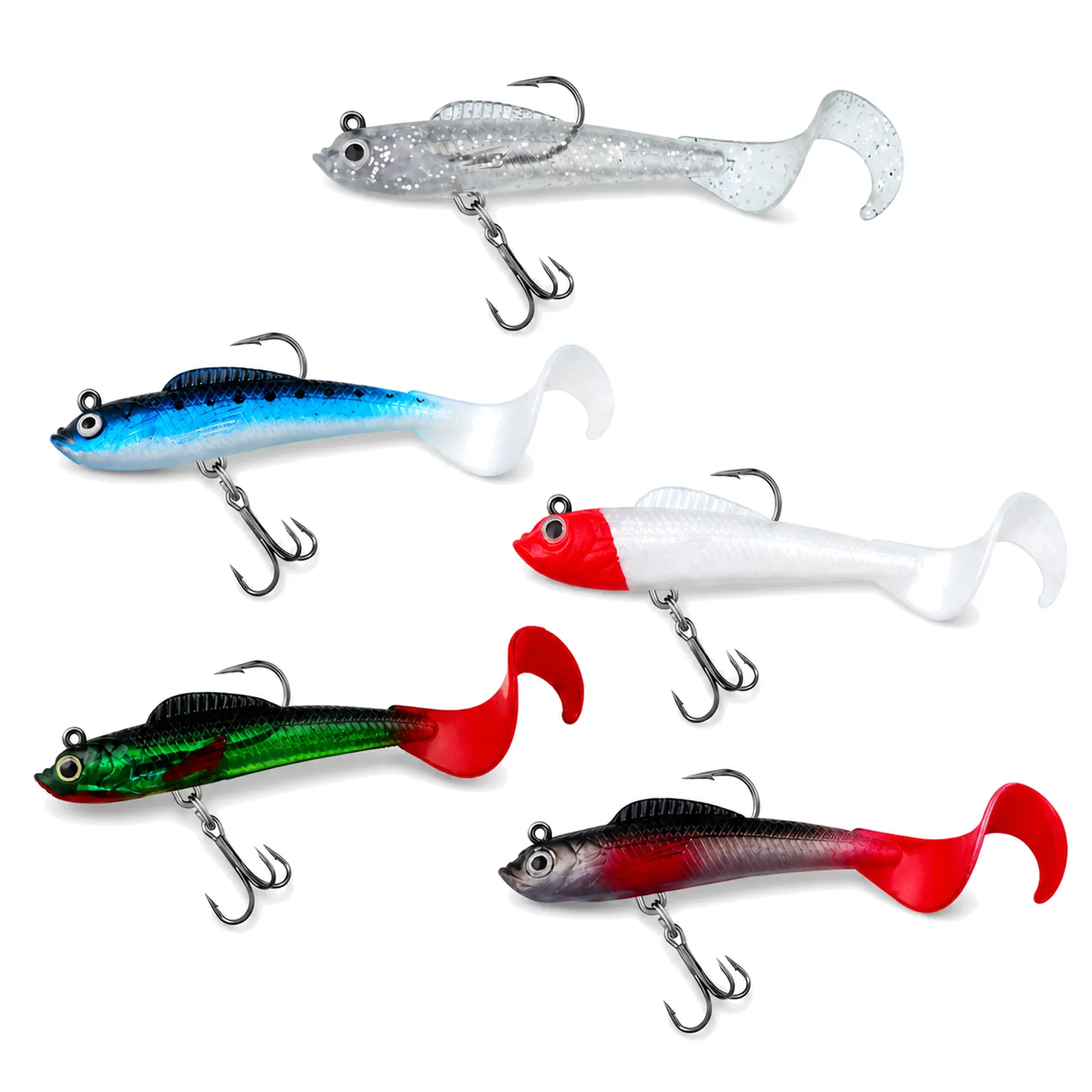 Pre-Rigged Curly Tail Swimbait Fishing Lures, Fast-Sinking Soft Plastic Jig Head Baits with Treble Hooks, Bass Lures for Freshwater Fishing, 5 Colors