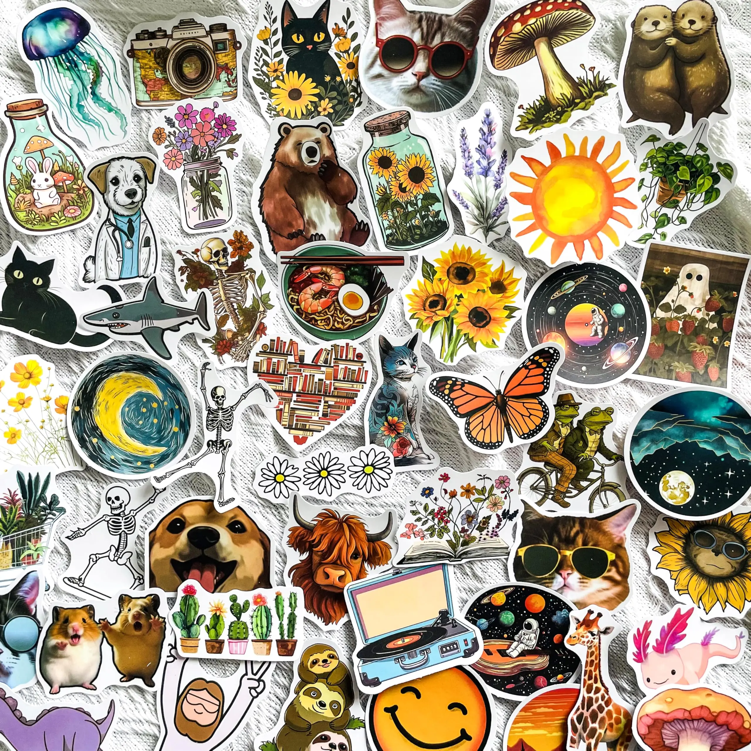 50pcs Waterproof Vinyl Nature Decals - Cute, Artistic Animal, Flower, Mushroom, Galaxy, Retro Aesthetic Stickers for Scrapbook Supplies, Laptops, Water Bottles to Personalize