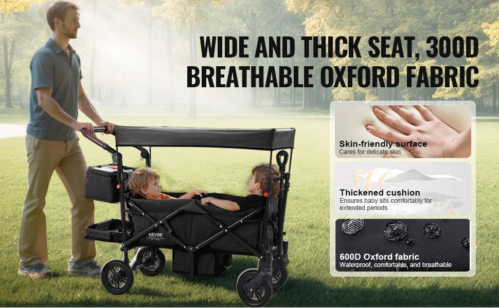 VEVOR Wagon Stroller for 2 Kids,  Push Pull Quad Collapsible Stroller with Adjustable Handle, Encircling Harness Removable Canopy, 4 Wheels with Brakes, Mutifunction Tandem Stroller for Camping