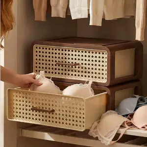 Retro Faux Rattan Plastic Drawer Storage Box, Stackable Multi-Use Organizer with Dividers, for Clothes, Underwear, Socks & Daily Items, Closet Wardrobe Space-Saving Storage Solution, Closet Organization