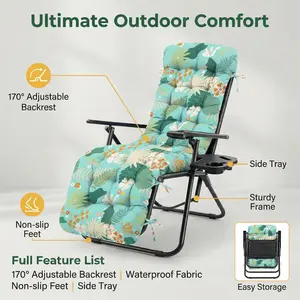 Outdoor Chaise Lounge Chair Cushion Waterproof 66 x 21 x 4 Inches Cotton Zero Gravity Chair Cushions with Ties, Soft Thickened Lounge Chair Cushions for Indoor Outdoor Furniture (Green Flower Leaf)