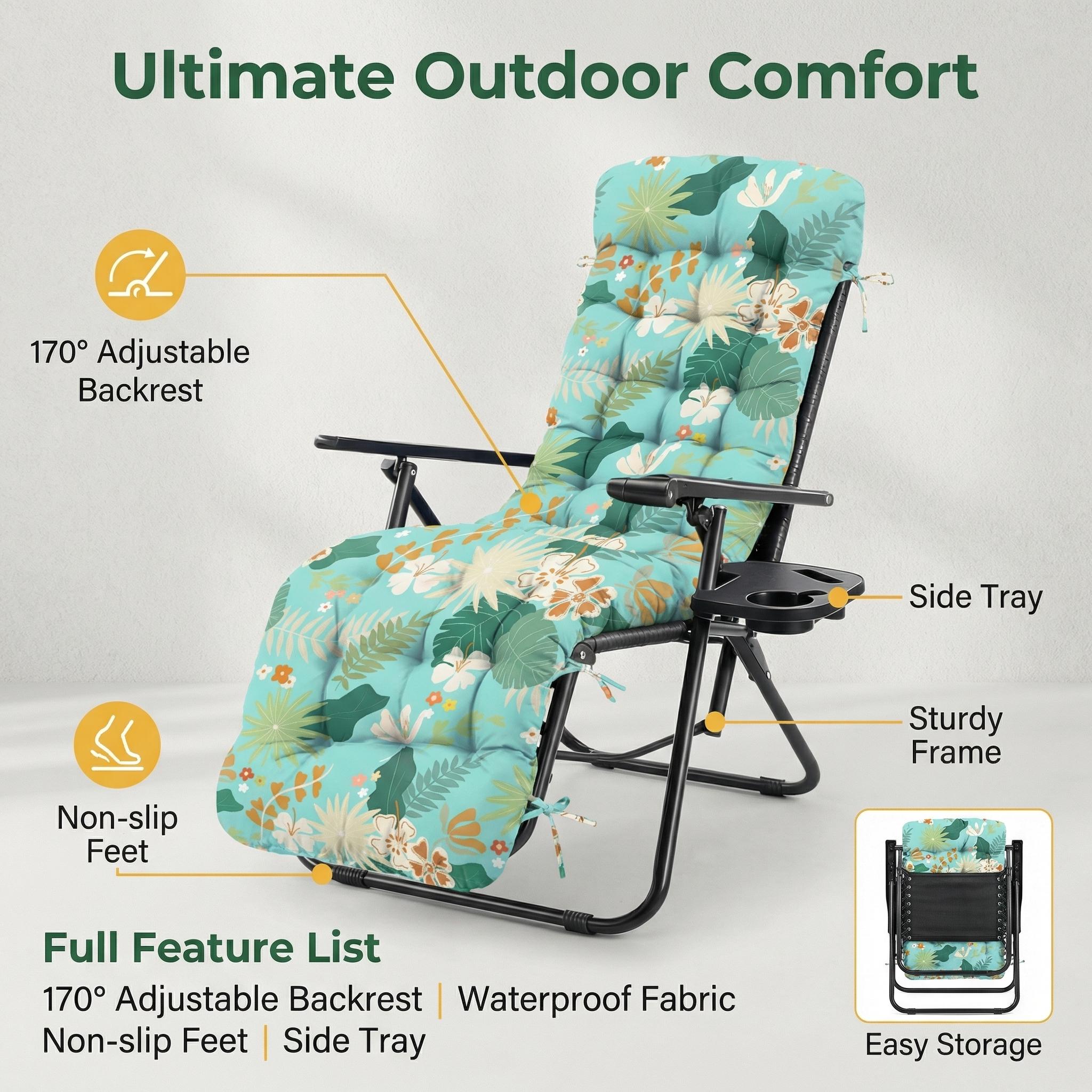 Outdoor Chaise Lounge Chair Cushion Waterproof 66 x 21 x 4 Inches Cotton Zero Gravity Chair Cushions with Ties, Soft Thickened Lounge Chair Cushions for Indoor Outdoor Furniture (Green Flower Leaf)