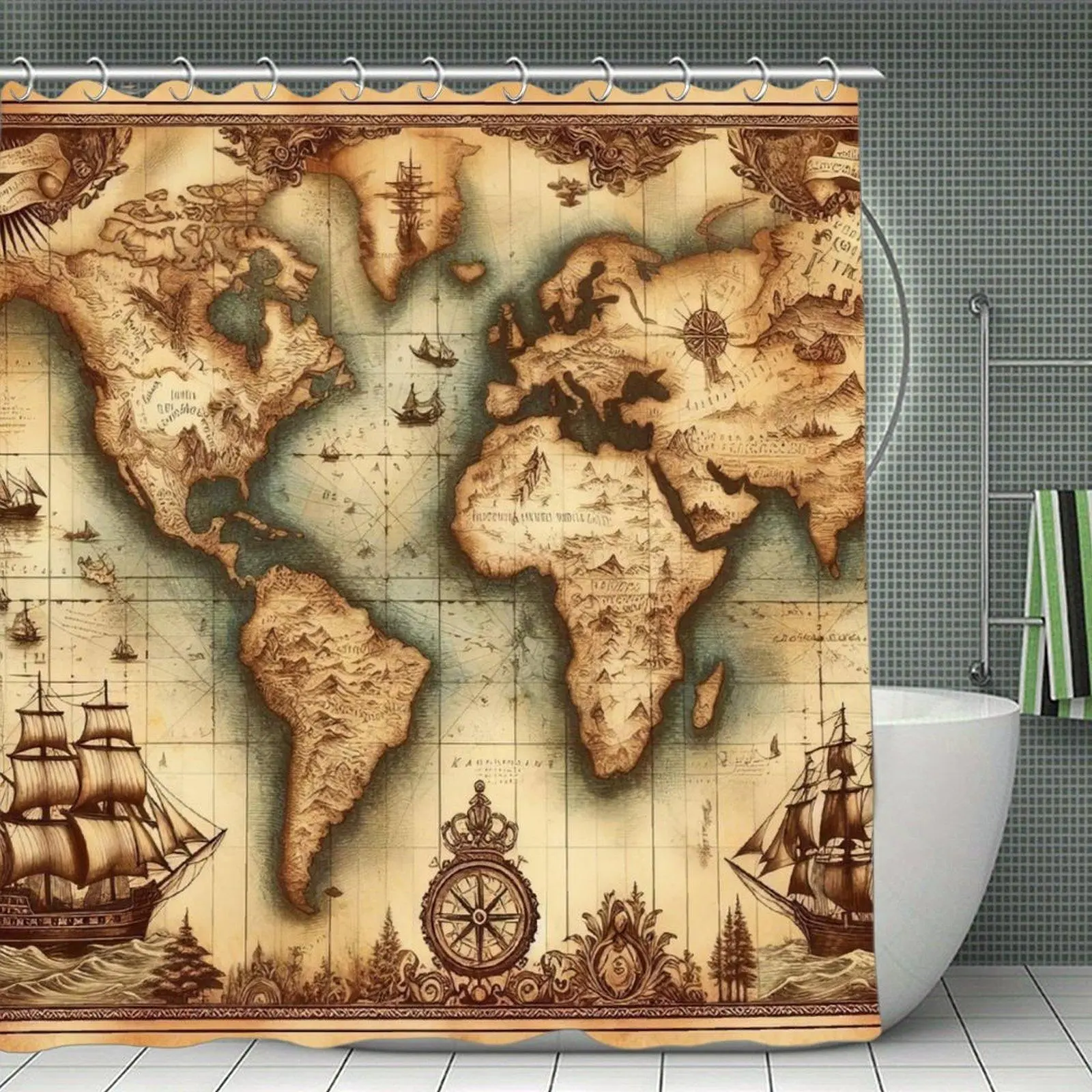 Vintage Nautical World Map Decorative Shower Curtain for Bathroom Bathtub, Room & Window Home Supplies