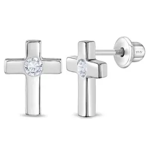 Classic CZ Polished Cross Baby/Toddler/Kids Earrings Screw Back - Sterling Silver