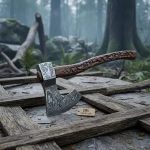 Traditional Woodsman’s Bearded Axe, Hand-Carved Hardwood Handle, Pattern Steel Edge
