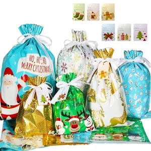 30pcs Christmas Foil Gift Wrapping Sacks Pouches for Xmas Presents Party Favor - Holiday Drawstring Gift Bags with Tags