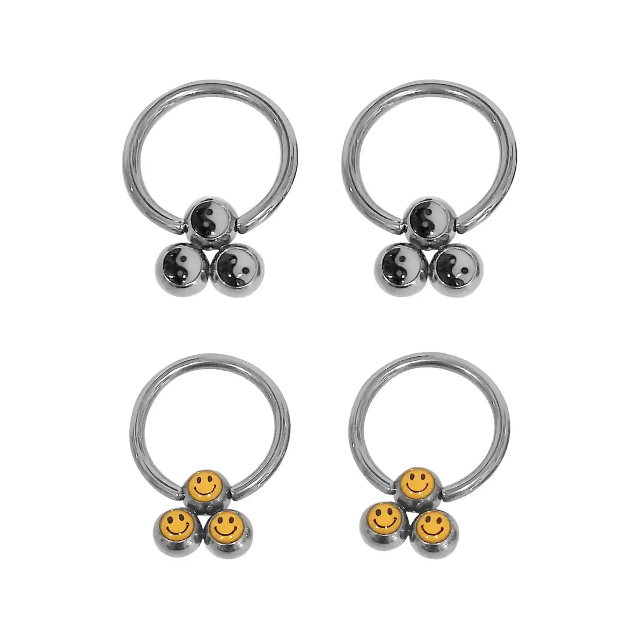 Pack of 4  14G Surgical Steel Yin Yang, Smiley Face Captive Bead Rings Earrings Septum Piercing CBR Jewelry 1/2"