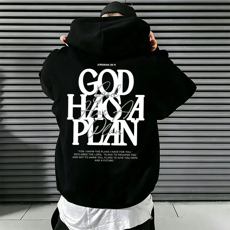 Men's loose oversized pullover hoodie with "God Has A Plan" printed slogan on the back