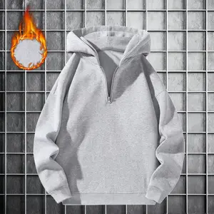 Men's Thick Knit Long-Sleeve Half-Zip Hoodie Sweatshirt - Soft Fleece Fabric, Fitted Fit, Plain Solid Fashion Design, Warm Casual Outdoor Top, Unisex Option, Black/Navy Blue/Light Gray