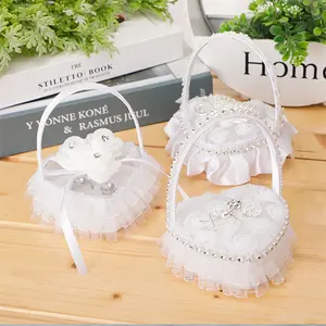 White Lace Ruffles Ring Basket Heart-shaped Wedding Rings Boxes Romantic Hand-held For Ring Jewelry Pearl Bow Decorative Baskets