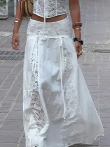 Boho Beach Vacation Style Loose Lace Patchwork Midi Skirt, Summer Fashion French Woven Long A-Line Dress, Streetwear Fit for Women, Womenswear Maxi, Chic Boho Style