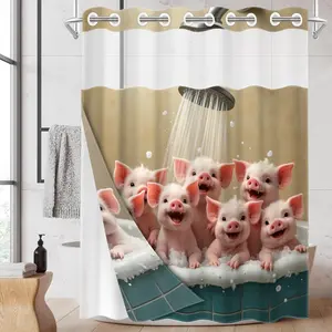 1PC/4PCS 2D Flat Printing Pink and White Piglets Taking a Bath Patterned shower curtain, home bathroom decor, Bathroom Accessory, shower curtain set with 12 hooks, non-slip bathroom rug, U-shaped toilet seat cover, toilet seat mat, Shower Essentials