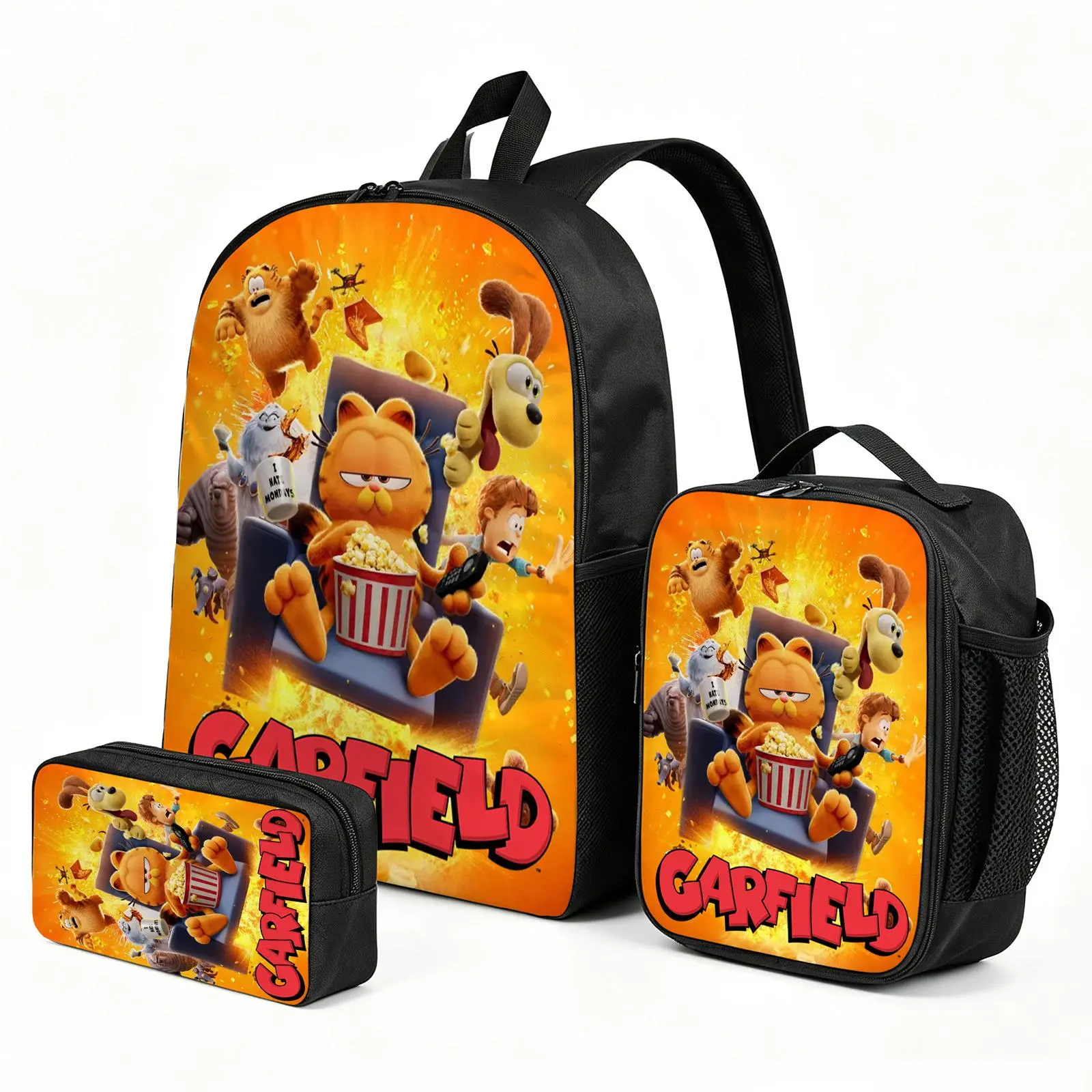 Garfield Trending Cartoon Print Backpack 3-Piece Set | Cute Bookbag for Boys Girls| Kids Lunch Box and Pen Pouch Combo Gift