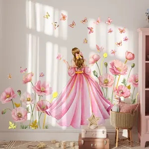2D flat, a set of two (30*90cm*2pcs) gold-edged girl's back pink floral butterfly gold stamping Wall Art Stickers, Flowers, decorative and beautifying stickers for living room, entrance, bathroom, bedroom, self-adhesive Decoration Sticker TJ11055-ZY